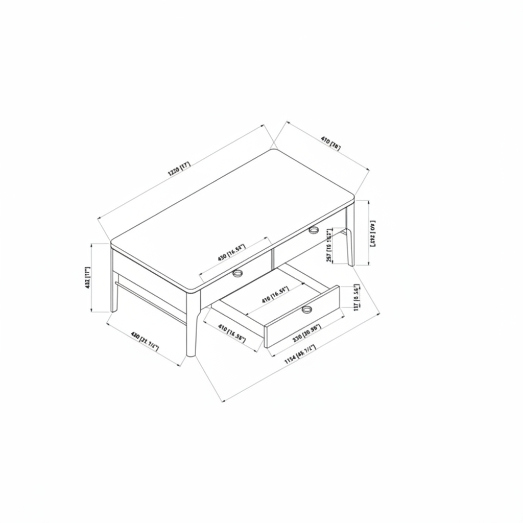 Technical drawing of the Surya Anello Coffee Table, showing its rectangular brown wood veneer top, black/metallic brass base, and dimensions with one drawer open.