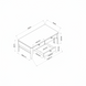 Technical drawing of the Surya Anello Coffee Table, showing its rectangular brown wood veneer top, black/metallic brass base, and dimensions with one drawer open.