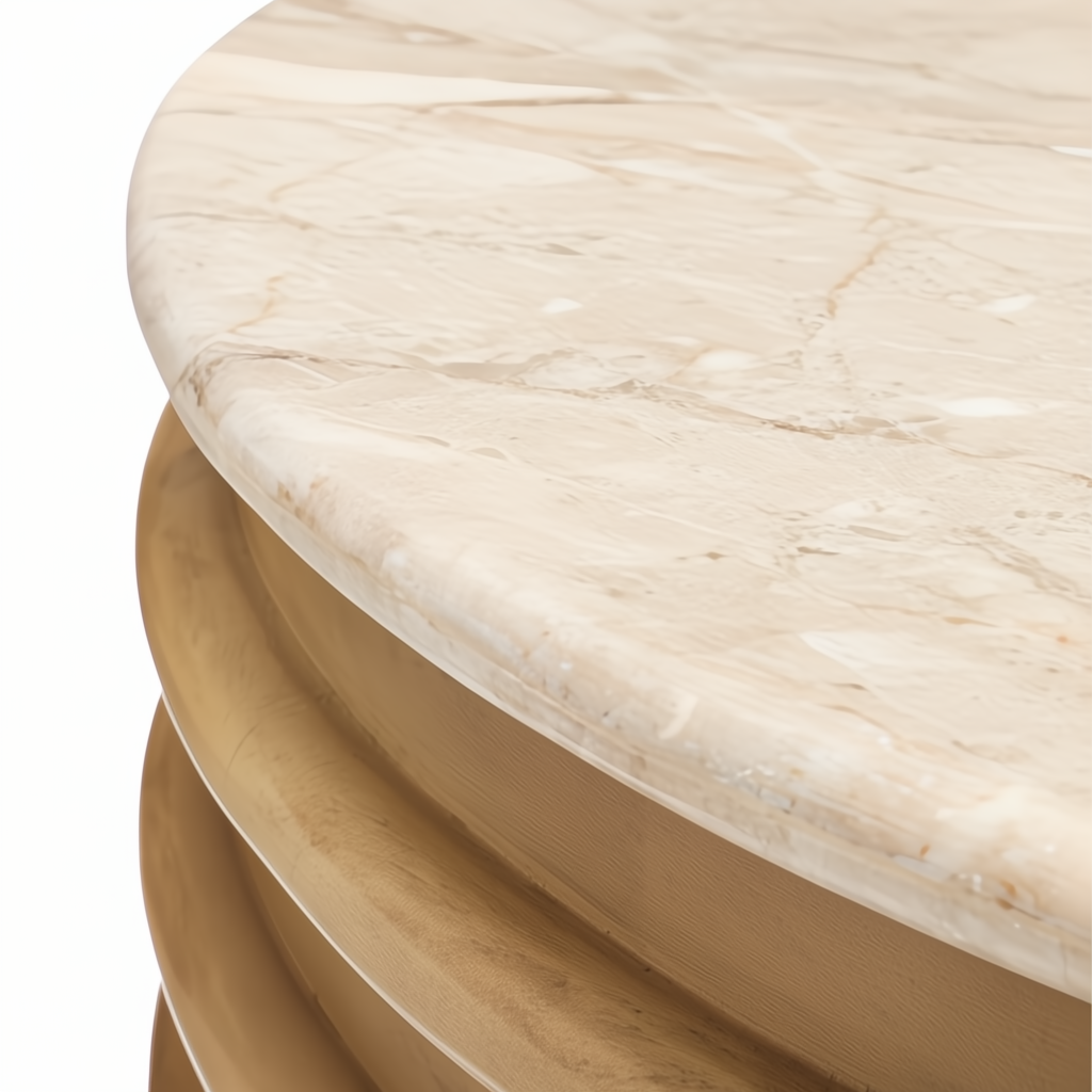 Surya Redondo minimalist modern coffee table with a beige polished marble top and ribbed beige lacquered mango wood base.
