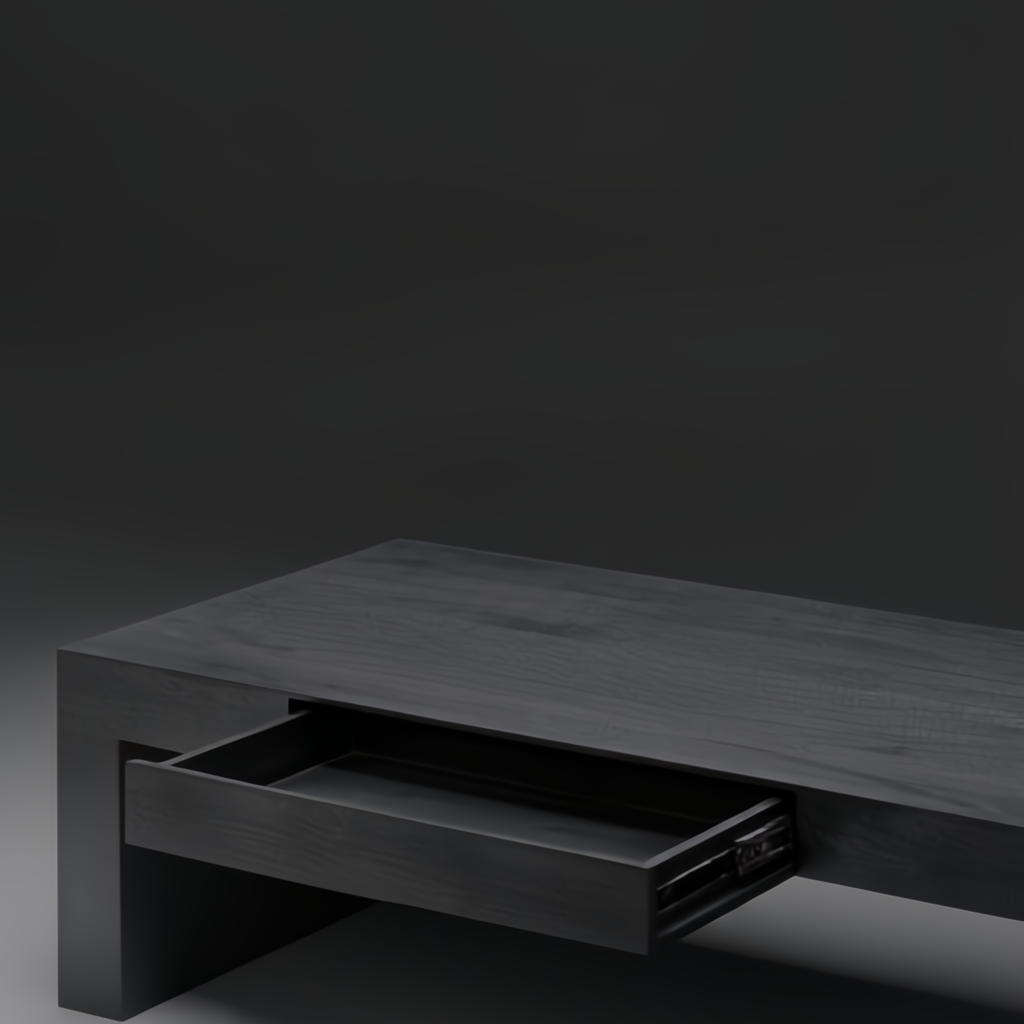 Surya Coburn black brushed mango wood coffee table with an open soft-close storage drawer.