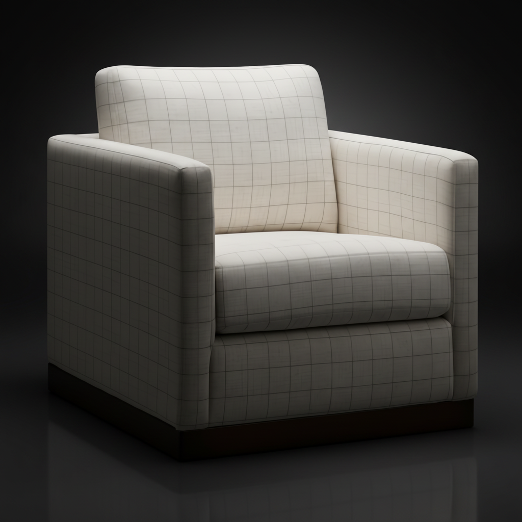Surya Glendon Swivel Chair, light beige polyester-linen with subtle grid pattern and brown rubber wood base.