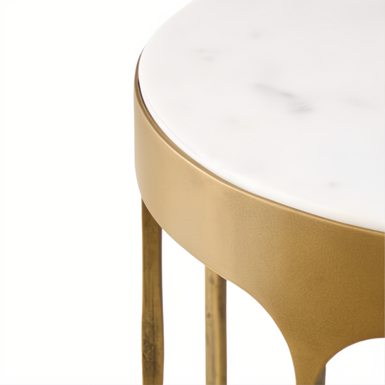 Surya Engel end table with a round white marble top and metallic brass iron base.