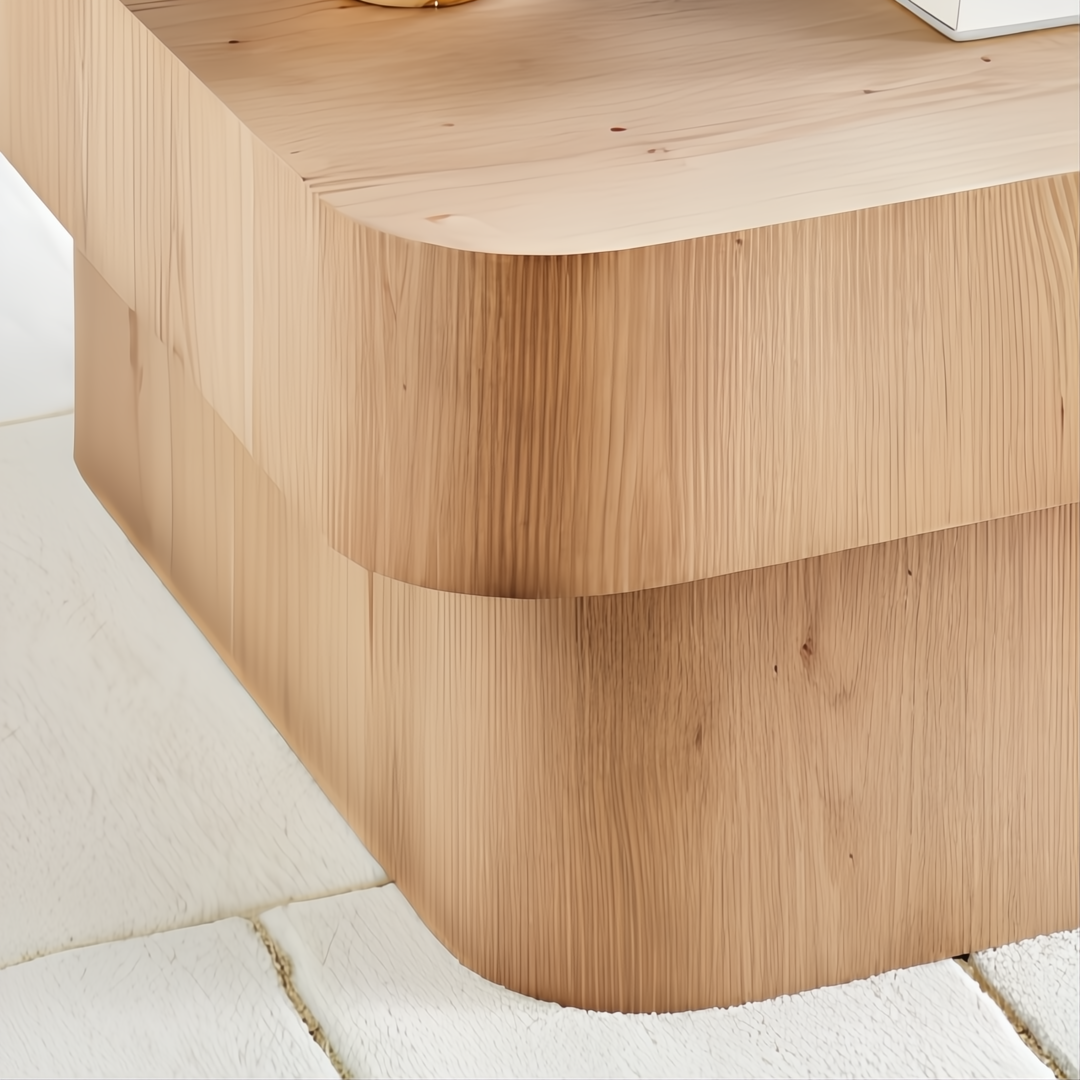 Surya Arquette modern square coffee table with natural wood veneer finish and rounded edges on a white rug.