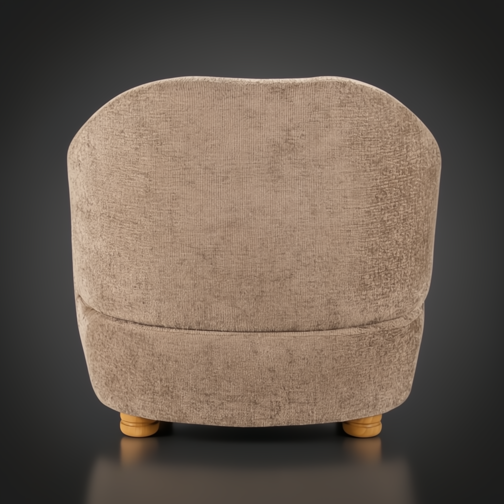 Back view of a minimalist modern accent chair with light gray polyester upholstery and brown wooden legs.
