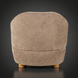 Back view of a minimalist modern accent chair with light gray polyester upholstery and brown wooden legs.