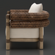 Surya Porta outdoor accent chair with brown wicker, light wood frame, and cream Sunbrella cushions.