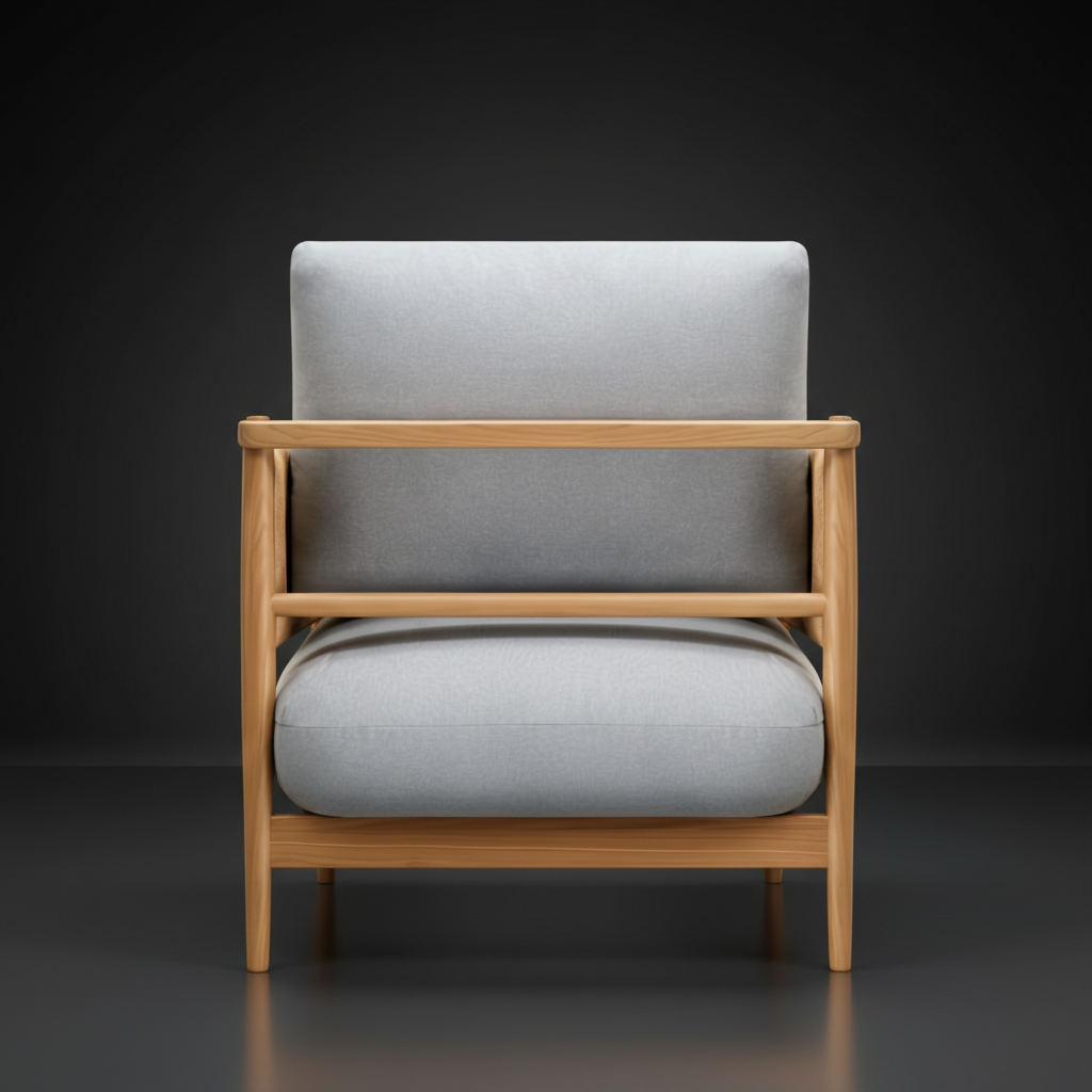 Surya Brielle accent chair with light blue polyester upholstery and brown stained ash wood frame.
