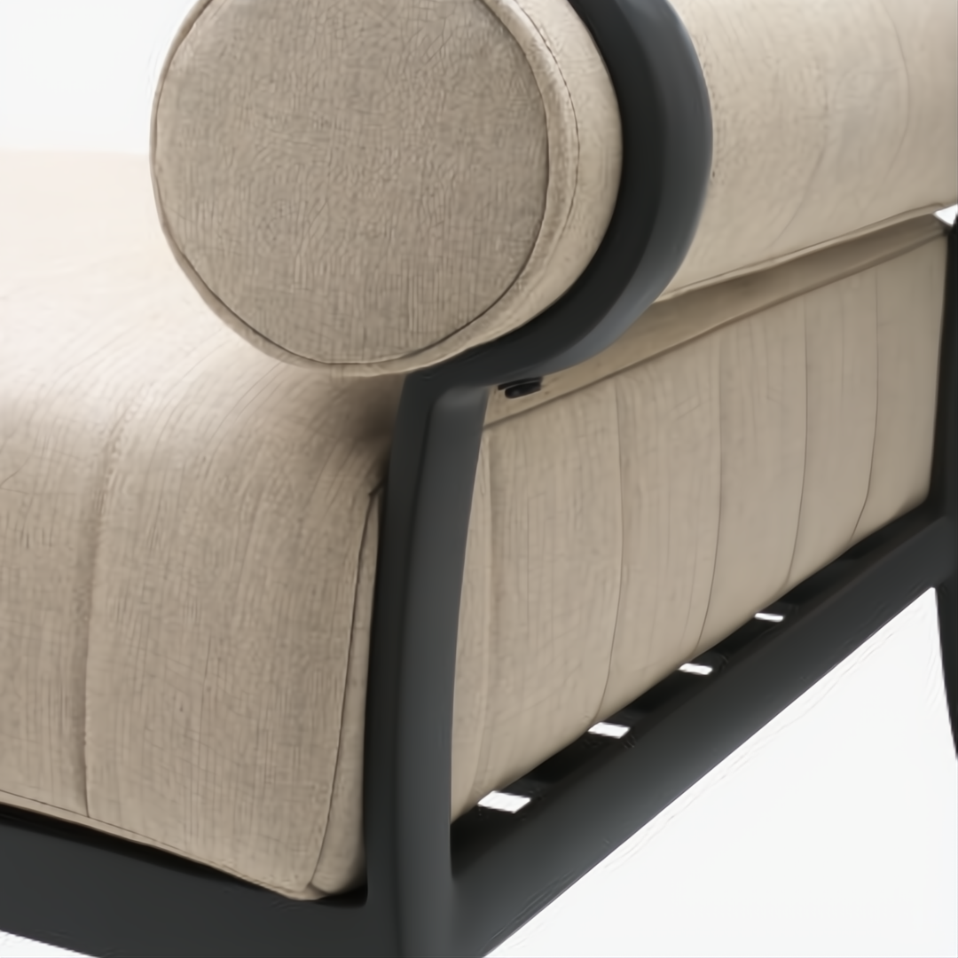 Surya Antibes outdoor bench with a beige Sunbrella acrylic cushion and black aluminum frame.