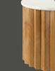 Surya Piestra demilune end table with white marble top and zigzag fluted brown mango wood base.
