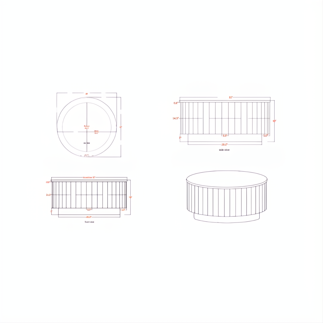 Technical drawing of the Surya Nems Coffee Table, showing top, front, side, and isometric views with dimensions.