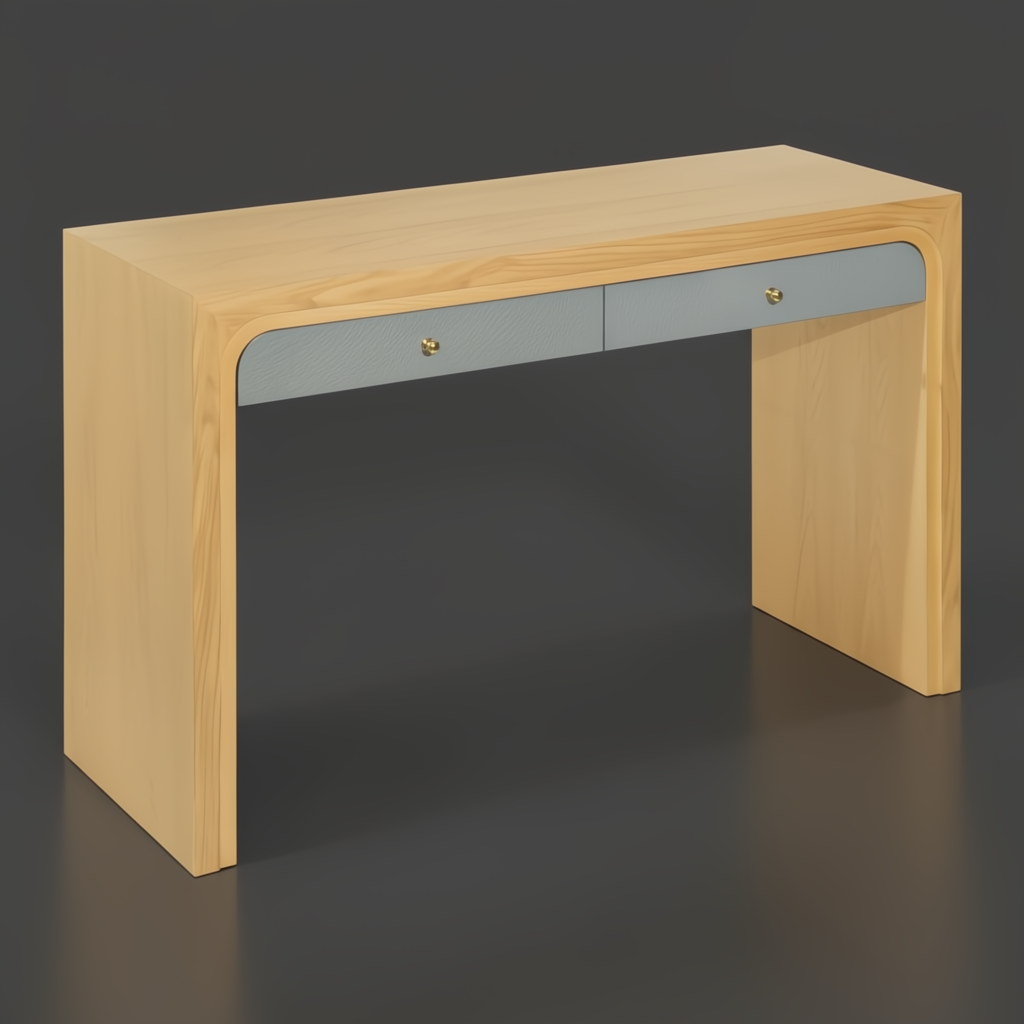 Surya Helene console table: brown lacquered oak veneer, blue resin grasscloth drawers with brass knobs.