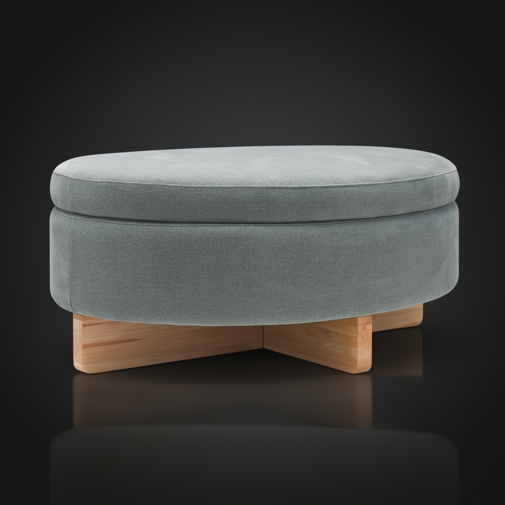 Surya Corson Storage Ottoman, oval, green polyester, with a natural wood X-shaped base.