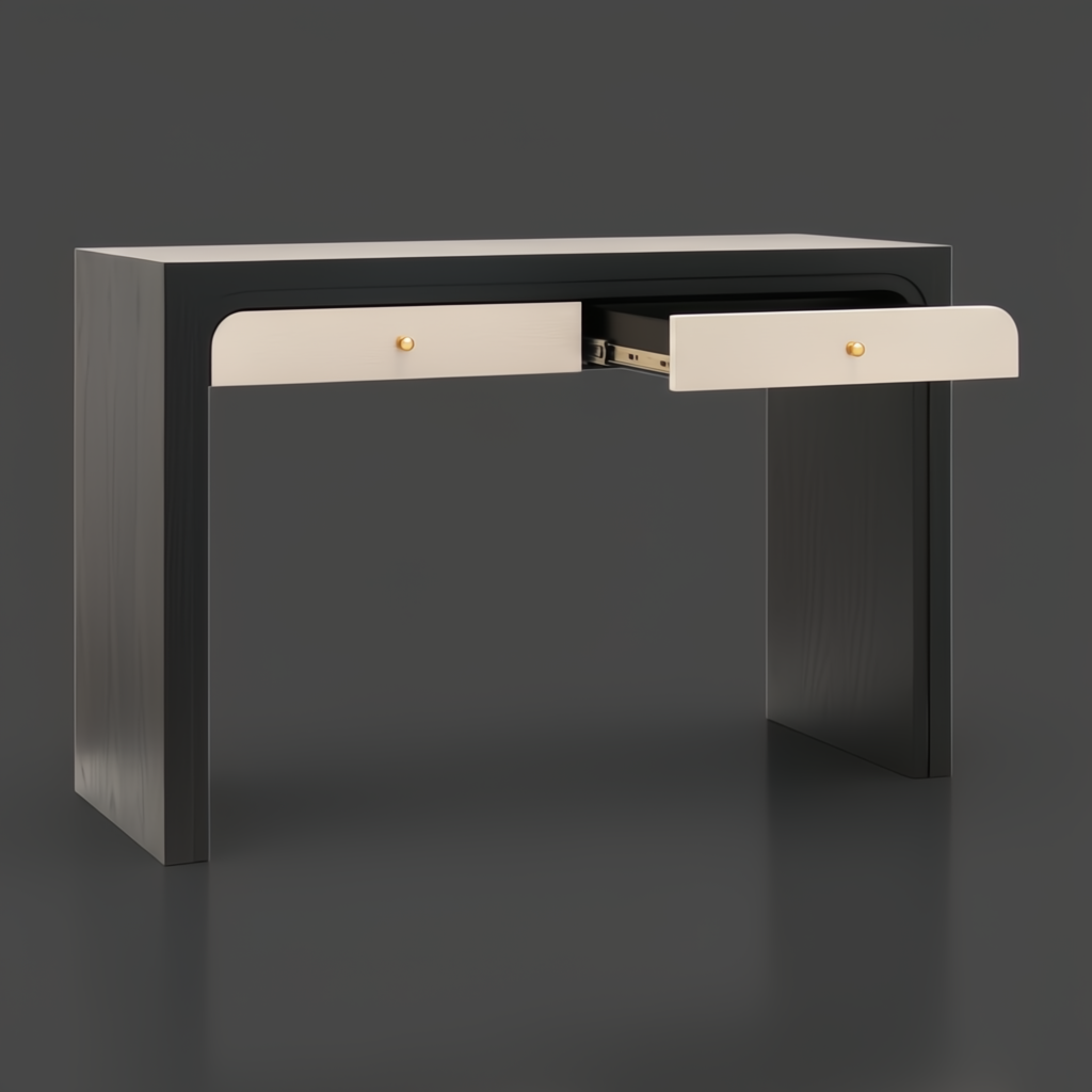 Surya Helene console table with black lacquered oak veneer, natural resin grasscloth drawers, and brass knobs.