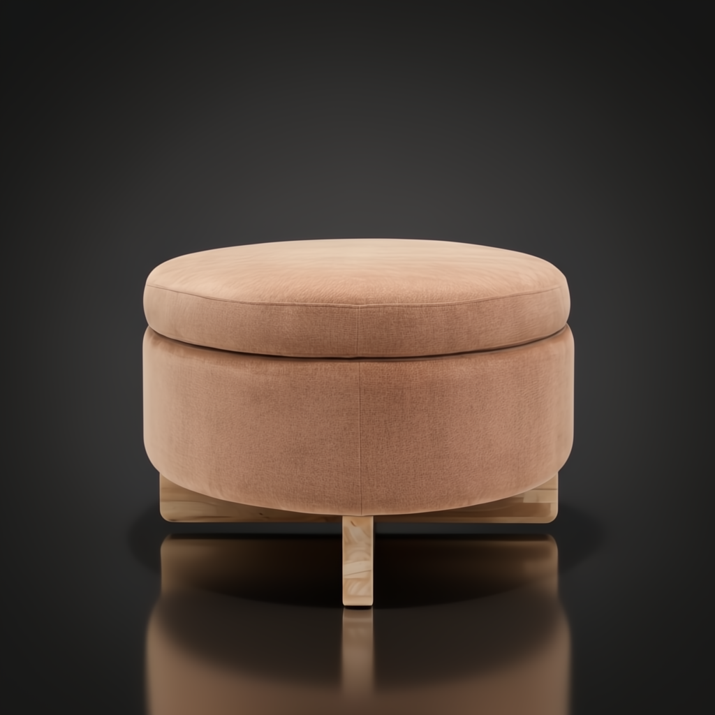 Surya Corson round storage ottoman with brown and peach polyester upholstery and light wood base.