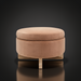 Surya Corson round storage ottoman with brown and peach polyester upholstery and light wood base.