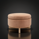Surya Corson round storage ottoman with brown and peach polyester upholstery and light wood base.