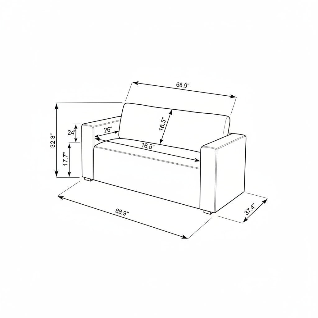Diagram of the Surya Aira AIRA-002 contemporary beige polyester sofa with dimensions.