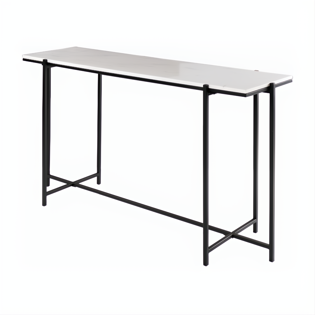 Surya Anaya console table with white natural marble top and black powder-coated iron base.