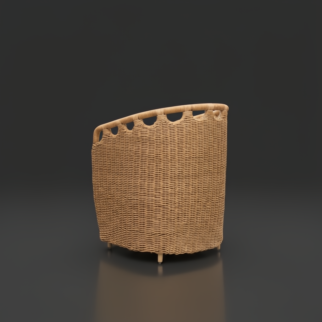 Woven light brown rattan dining chair with a curved back and decorative top edge, on a dark background.