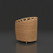 Woven light brown rattan dining chair with a curved back and decorative top edge, on a dark background.