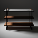 Surya Novelle Bookcase with white marble top, metallic bronze iron, stained acacia, and leather handles.