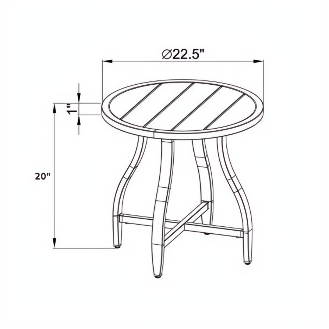 Black aluminum round outdoor end table with slatted top and curved legs, showing dimensions.