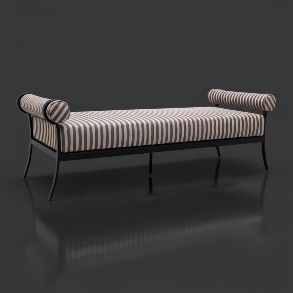 Surya Antibes outdoor bench with brown and beige striped Sunbrella upholstery, channel stitch detail, and black aluminum base.