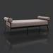 Surya Antibes outdoor bench with brown and beige striped Sunbrella upholstery, channel stitch detail, and black aluminum base.