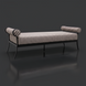 Surya Antibes outdoor bench with brown and beige striped Sunbrella upholstery, channel stitch detail, and black aluminum base.