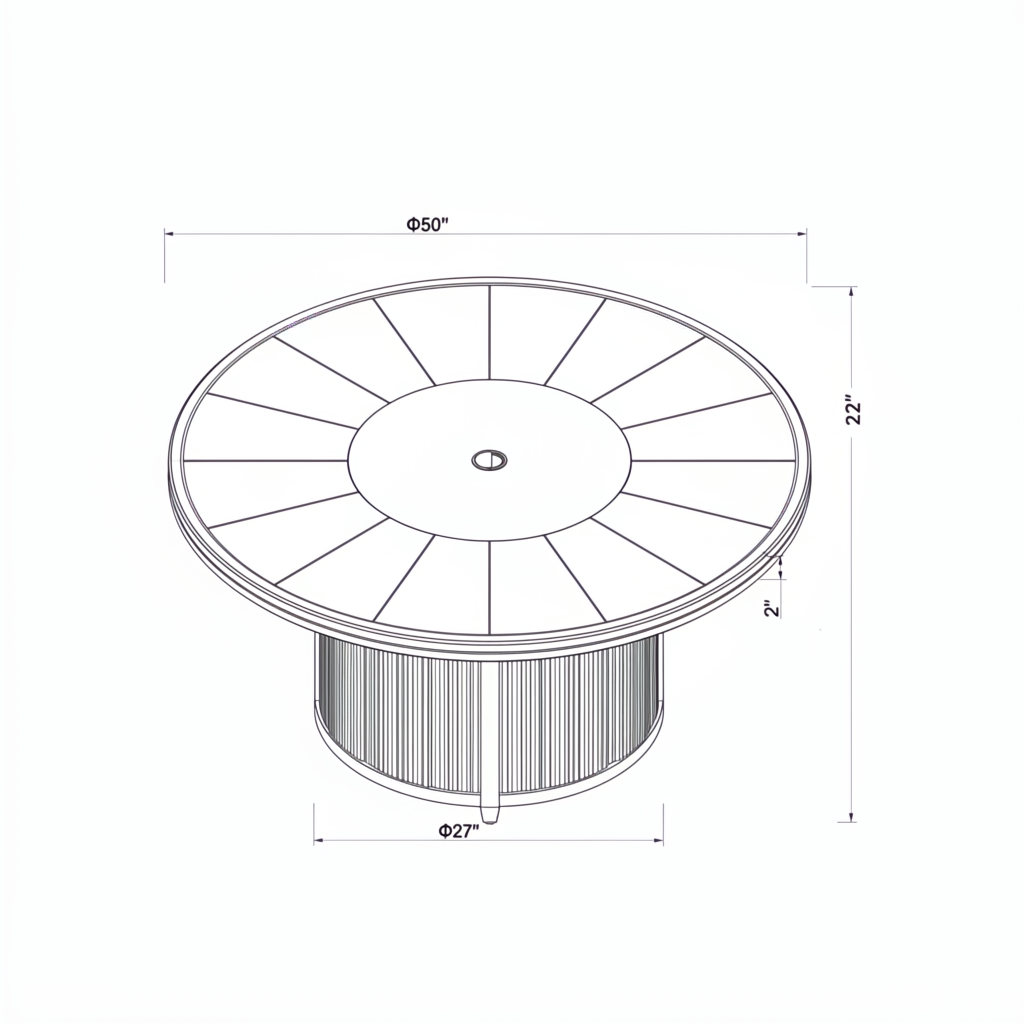 Line drawing of the round Surya Cape Town Fire Table, showing its 50" diameter top and 27" diameter base.