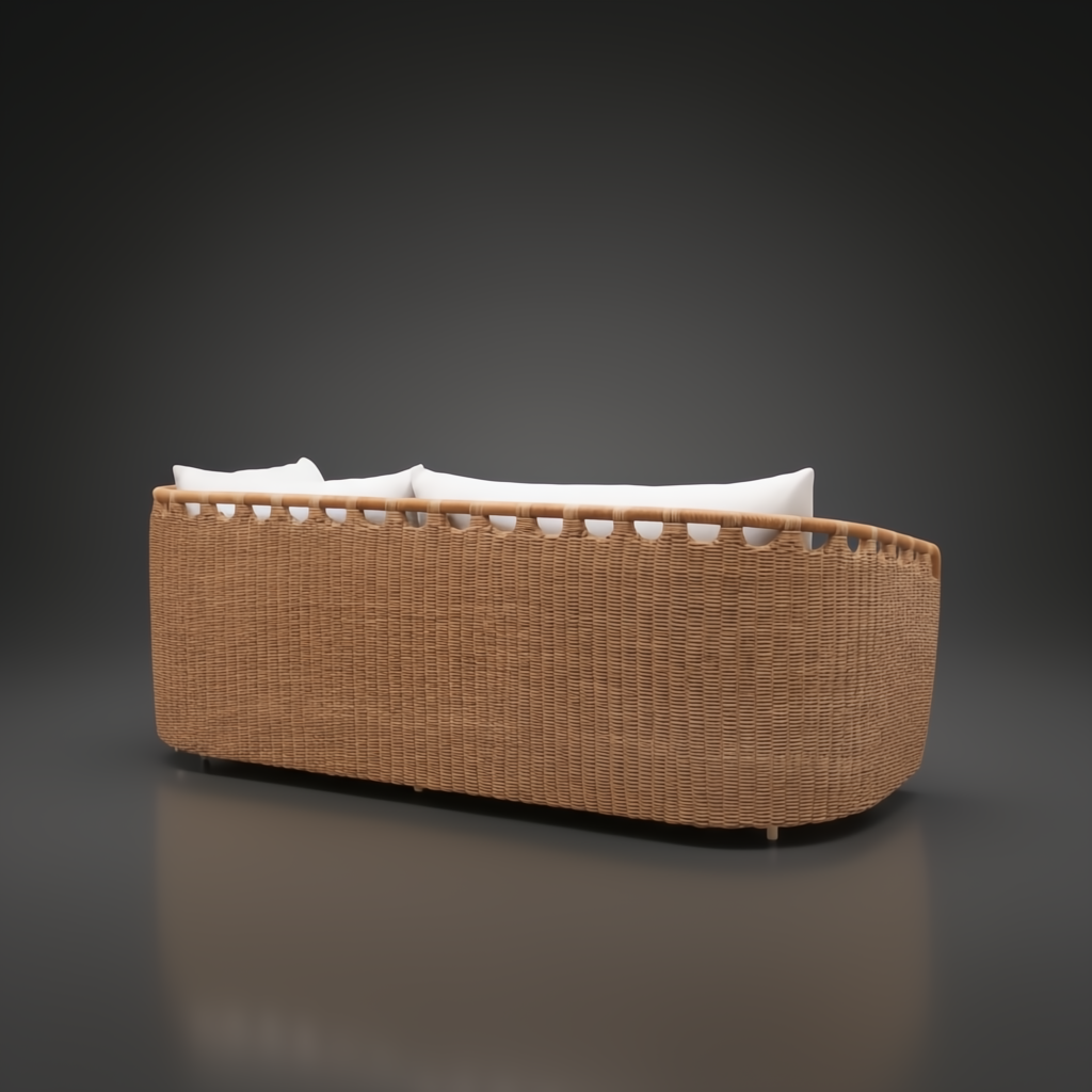 Surya Marvella outdoor sectional with light brown woven back and white cushions on a dark background.