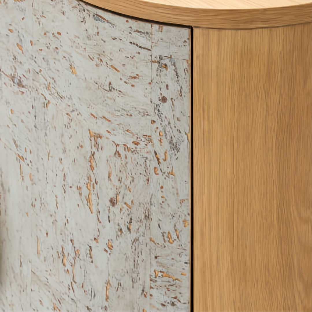 Close-up of Surya Poros Cabinet with silver gray lacquered cork veneer and brown natural oak.