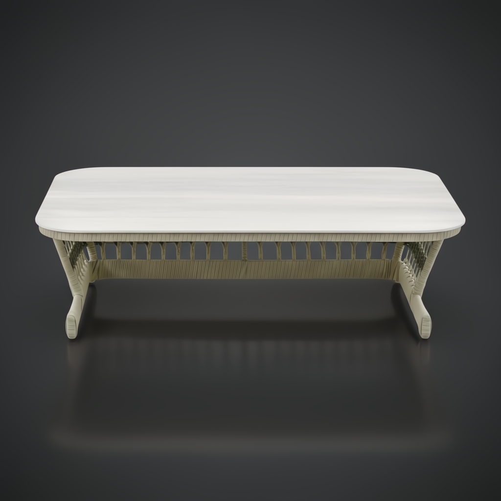 Cream powder-coated aluminum coffee table with handwoven PE rope detail and rectangular 48-inch profile.