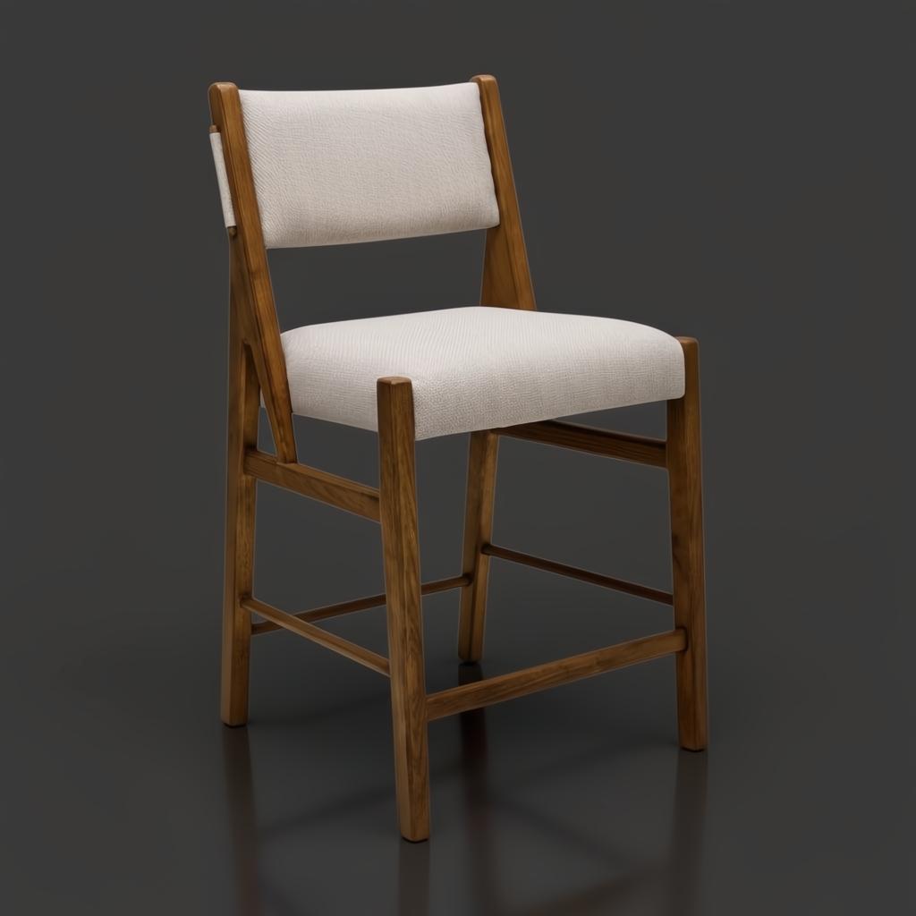 Surya Bergene counter stool with light beige fabric upholstery and a brown natural rubber wood frame.