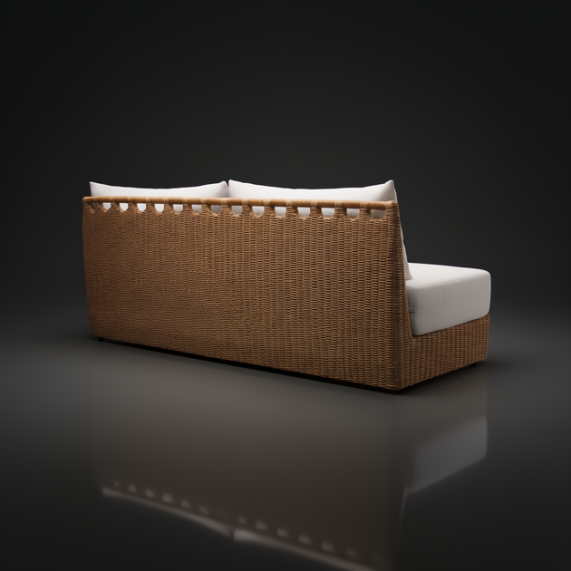 Surya Marvella outdoor sofa with woven brown back and white cushions, dark brown aluminum base.