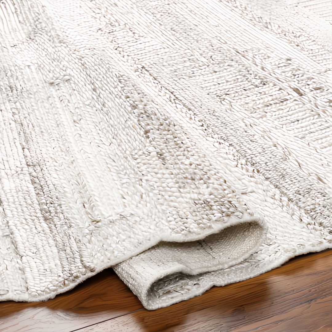 Hand-woven Surya Floria rug in neutral recycled PET yarn, partially rolled on a wood floor.