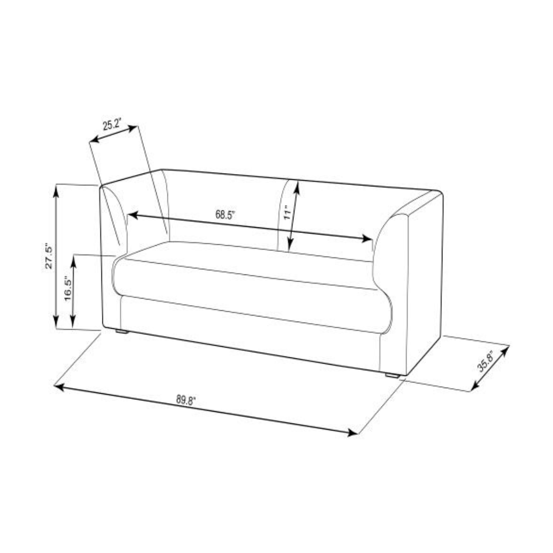 Line drawing of the Surya Amory beige fabric sofa with dimensions: 90"W x 36"D x 28"H.