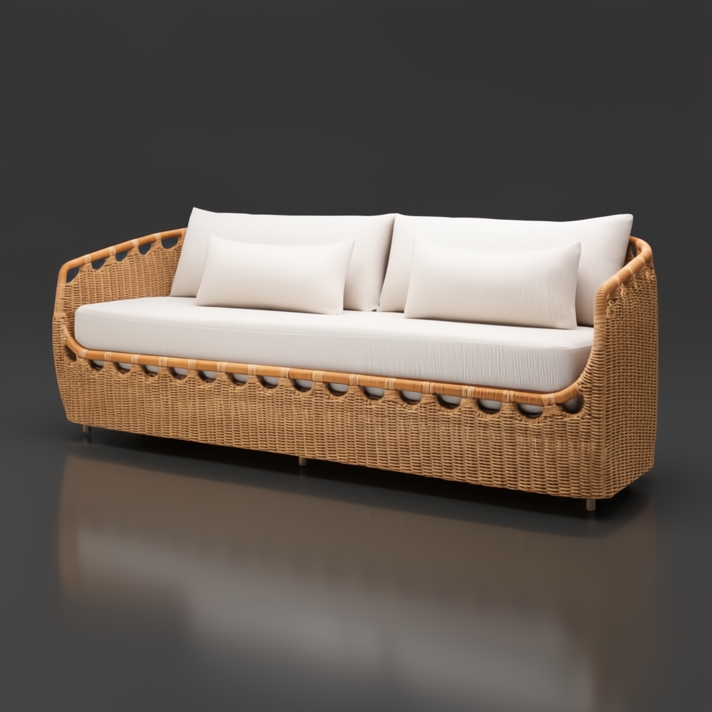 Woven light brown rattan sofa with cream cushions, suitable for indoor or outdoor use.