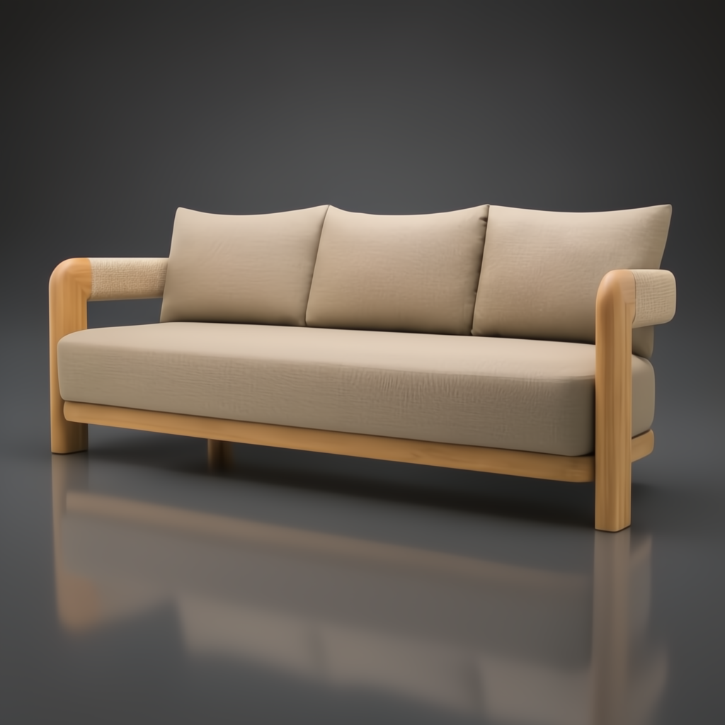Surya Palma outdoor sofa with natural teak wood frame, beige Sunbrella upholstery, and PE rope arm detail.
