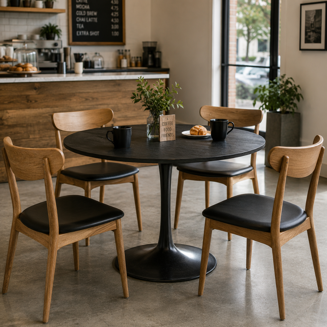 Surya Anatalia 55" round black polished marble dining table with a black iron base in a cafe setting.