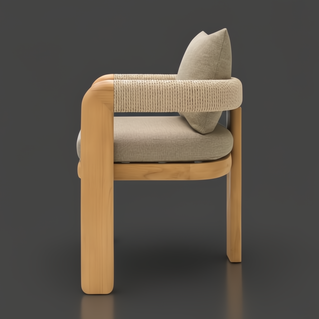 Surya Palma outdoor dining chair with taupe Sunbrella upholstery, teak wood base, and woven armrests.