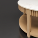 Surya Rosemary white marble top coffee table with fluted mango wood base and lower shelf.