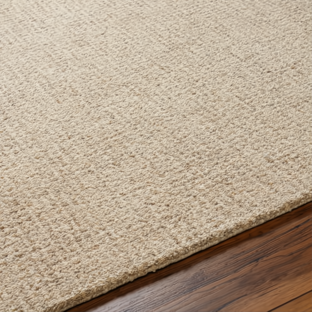 Surya Aiden AEN-1000 medium pile area rug in Tan and Ivory wool, on a wood floor.