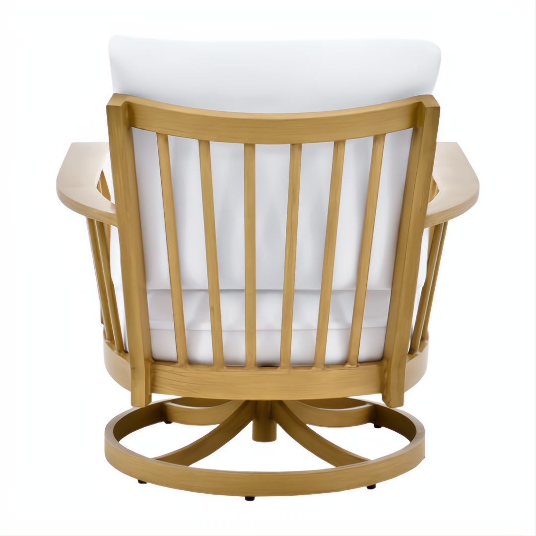 Surya Cape Town outdoor swivel chair with wheat hand-painted aluminum frame and white Sunbrella® cushions.