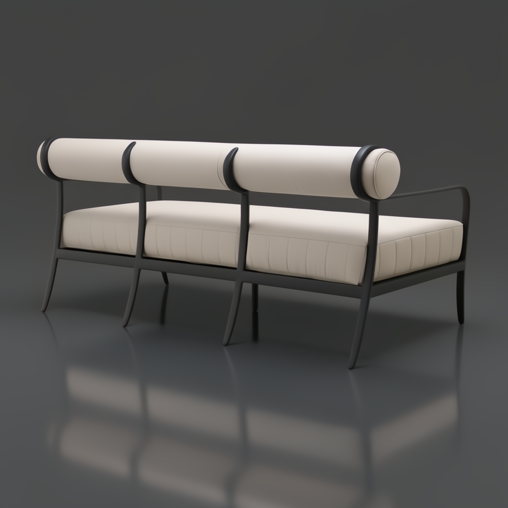 Surya Antibes outdoor sofa with cream Sunbrella upholstery and a dark aluminum frame.