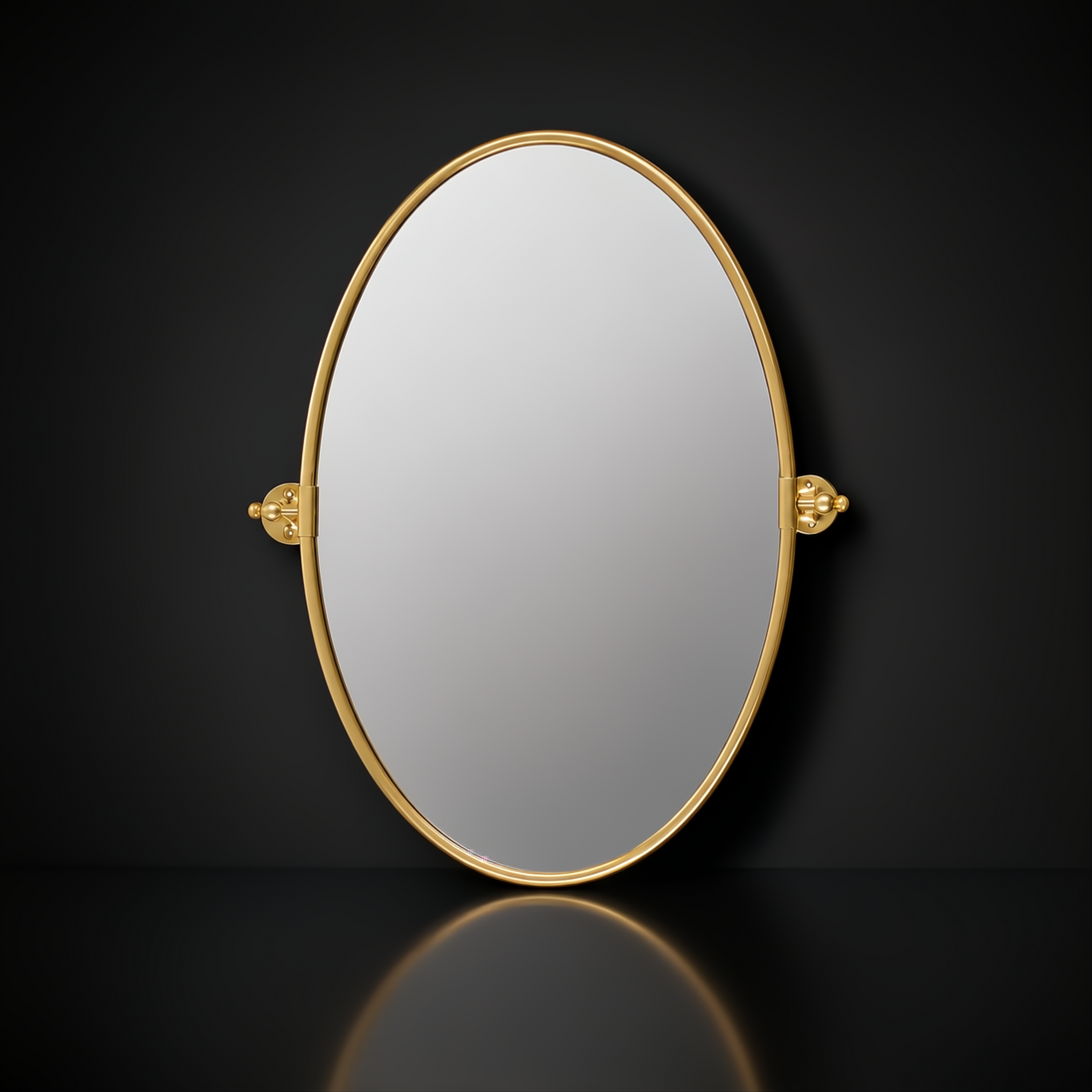 Surya Burnish oval wall mirror with an antiqued gold brass frame on a dark background.