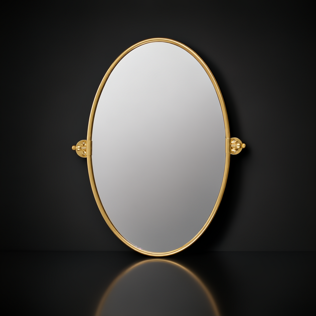 Surya Burnish oval wall mirror with an antiqued gold brass frame on a dark background.