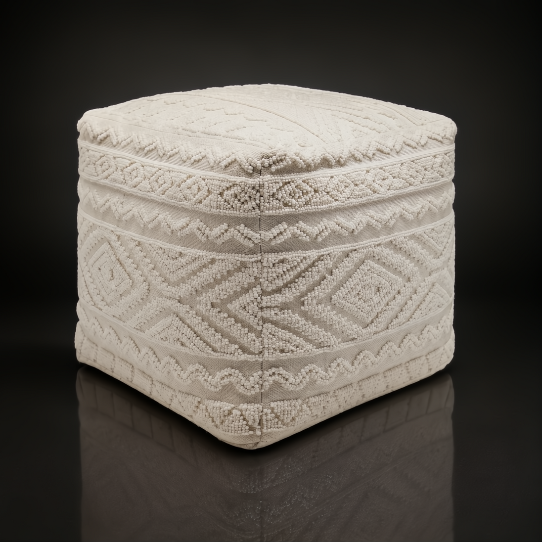 Surya Matthew pouf, a square, off-white knitted polyester pouf with textured geometric patterns.