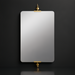 Rectangular mirror with rounded corners, suspended by elegant brass hardware on a dark wall.