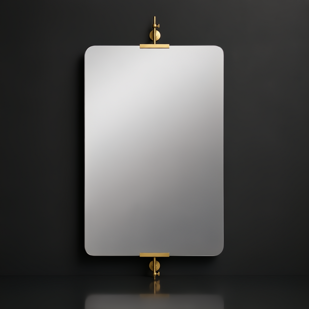 Rectangular mirror with rounded corners, suspended by brass hardware on a dark wall.